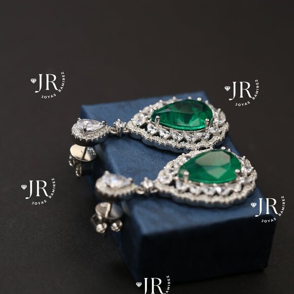 Teardrop Earrings with Emerald Green CZ and Clear CZ in Sterling Silver .925. - Picture 5 of 7